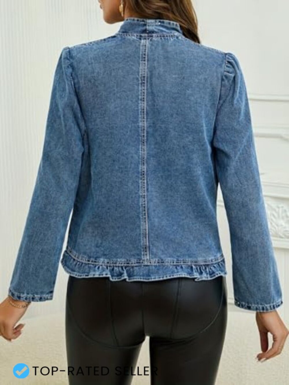 Ruffled Denim Jacket Women Cropped Long Sleeve Open Front Trendy 2025 Jean Coat - Picture 4 of 5